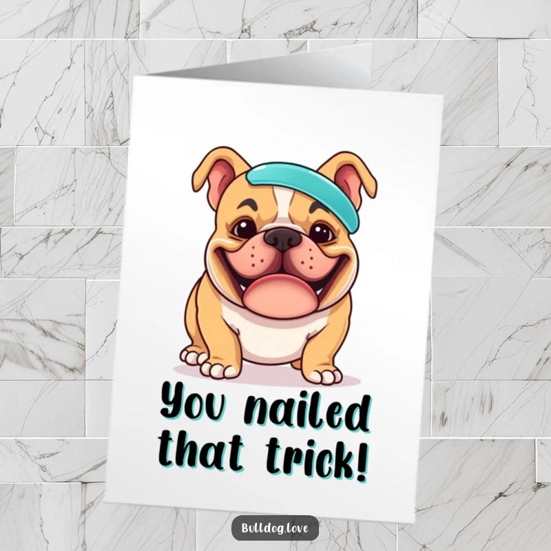 Funny free printable congratulations card: a bulldog with a goofy grin balancing a frisbee on its nose.