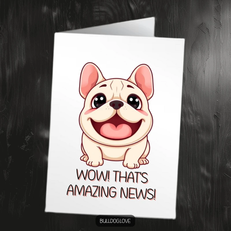 Funny Free Printable Congratulations Card: A surprised bulldog with wide eyes barks happily, conveying pure excitement.