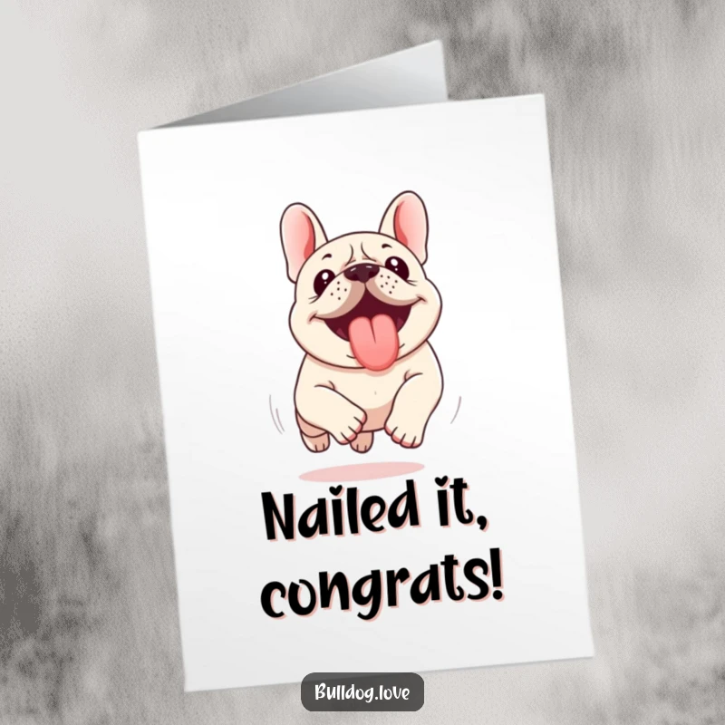Funny Free Printable Congratulations Card: Kawaii bulldog enthusiastically running with its tongue out, celebrating a win.