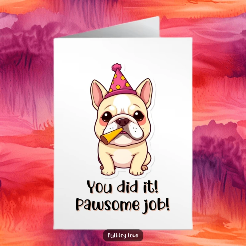 Funny Free Printable Congratulations Card: A happy bulldog enthusiastically blows a party horn, signifying a big win.