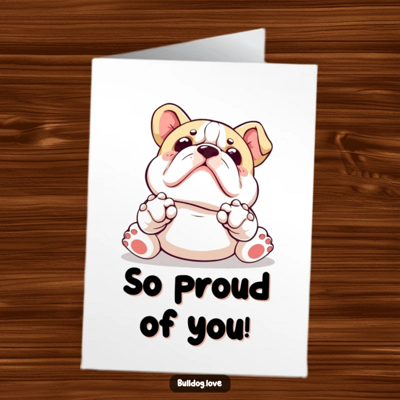 Funny Free Printable Congratulations Card: Kawaii bulldog with paws up, celebrating your achievement with an adorable request for a rub.
