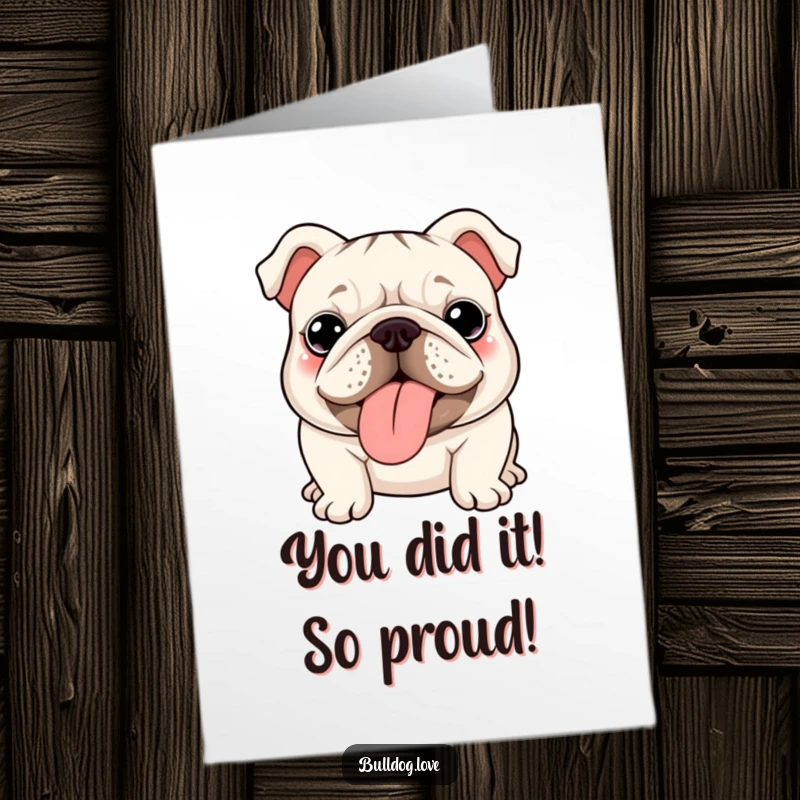 Free Printable Congratulations Card showing a smiling kawaii bulldog with its tongue out, celebrating success.