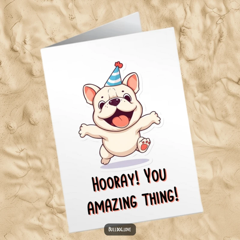 Funny Free Printable Congratulations Card: A bulldog with a party hat jumps high in celebration.