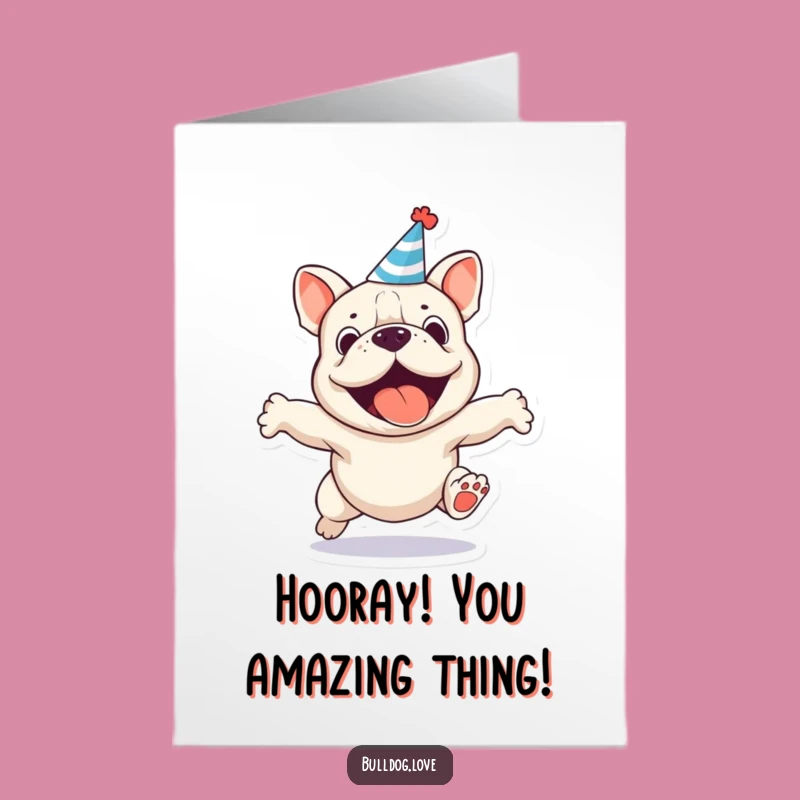 Free Printable Jumping Bulldog Congrats Card: Funny Party Hat Downloadable Gift