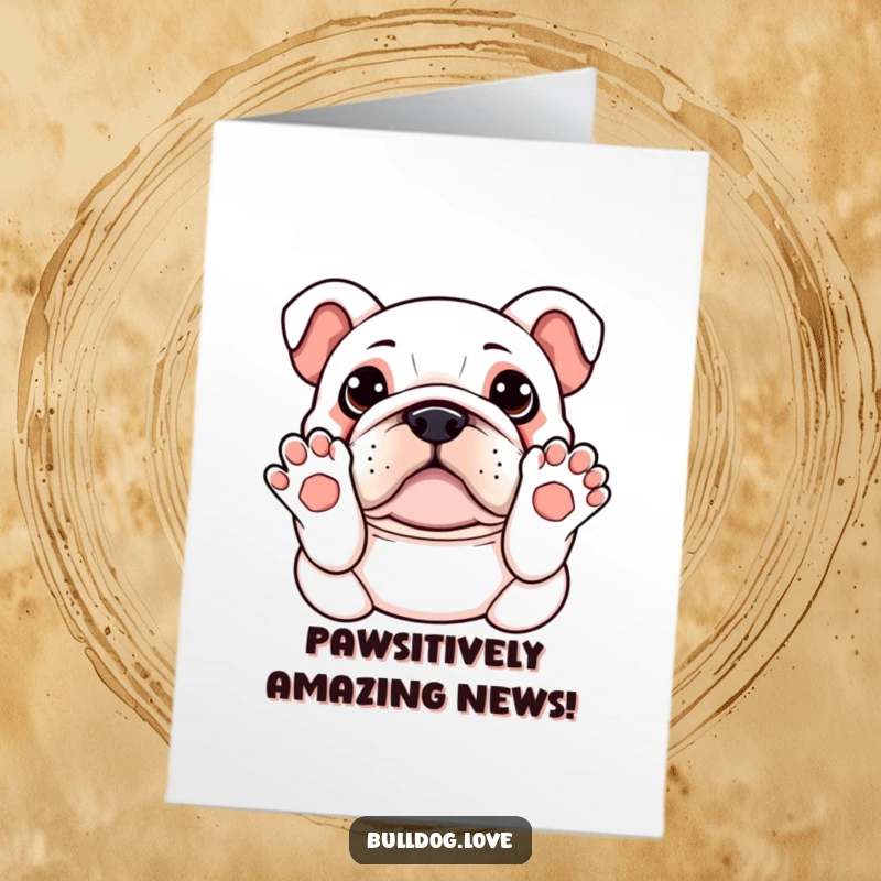 Funny Free Printable Congratulations Card: Kawaii bulldog with paws up, sweetly requesting a belly rub for their achievement.