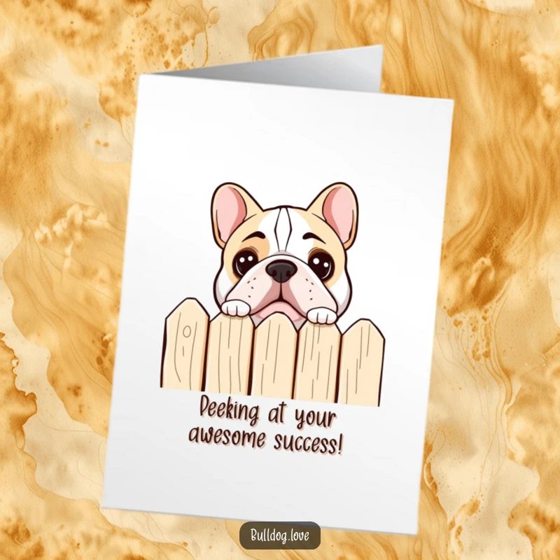 Free Printable Congratulations Card: A bulldog curiously peeks over a fence, sharing in the excitement of their achievement.