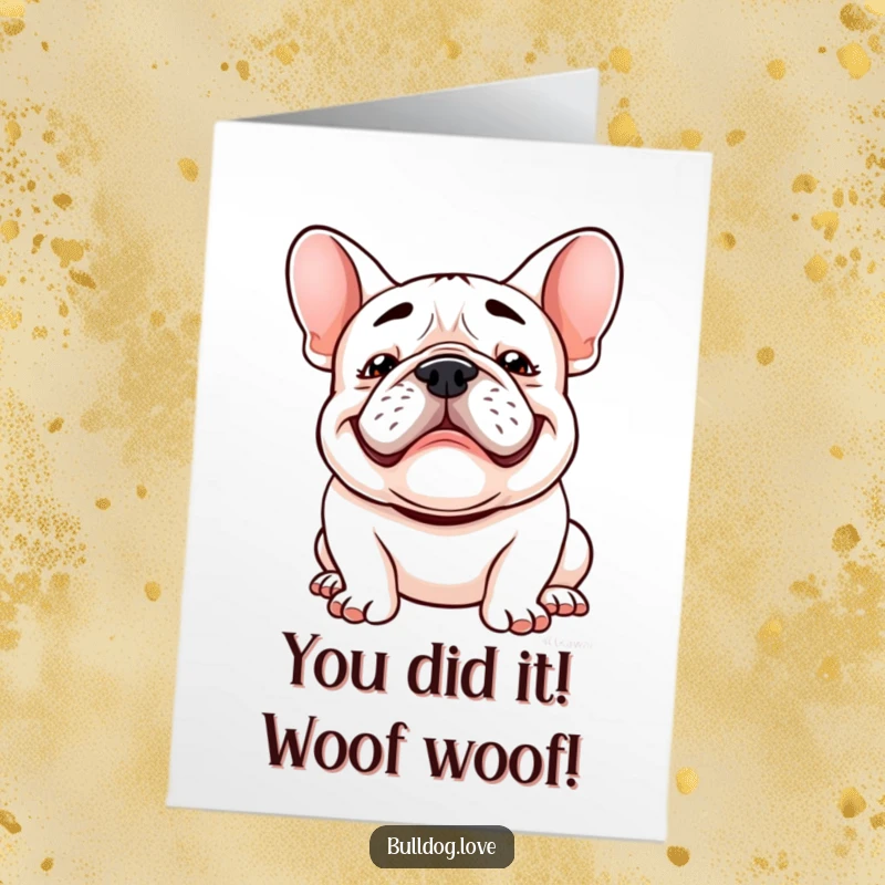 Funny Free Printable Congratulations Card: Kawaii bulldog with a goofy grin, floppy ears bouncing, celebrating your amazing success.