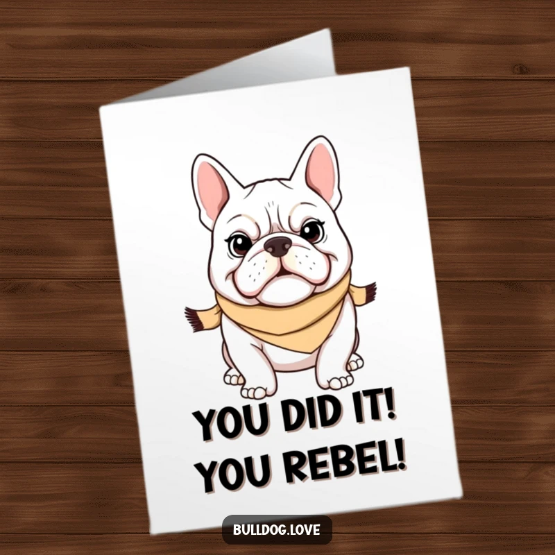 Funny Free Printable Congratulations Card: Bulldog with a tiny scarf, looking stylish and ready to celebrate. Download today!