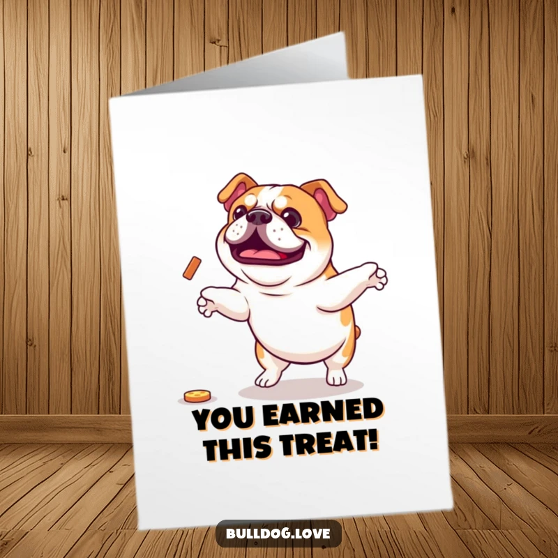 Funny Free Printable Congratulations Card: Bulldog mid-air, jumping with pure delight for a reward. Celebrate with humor!