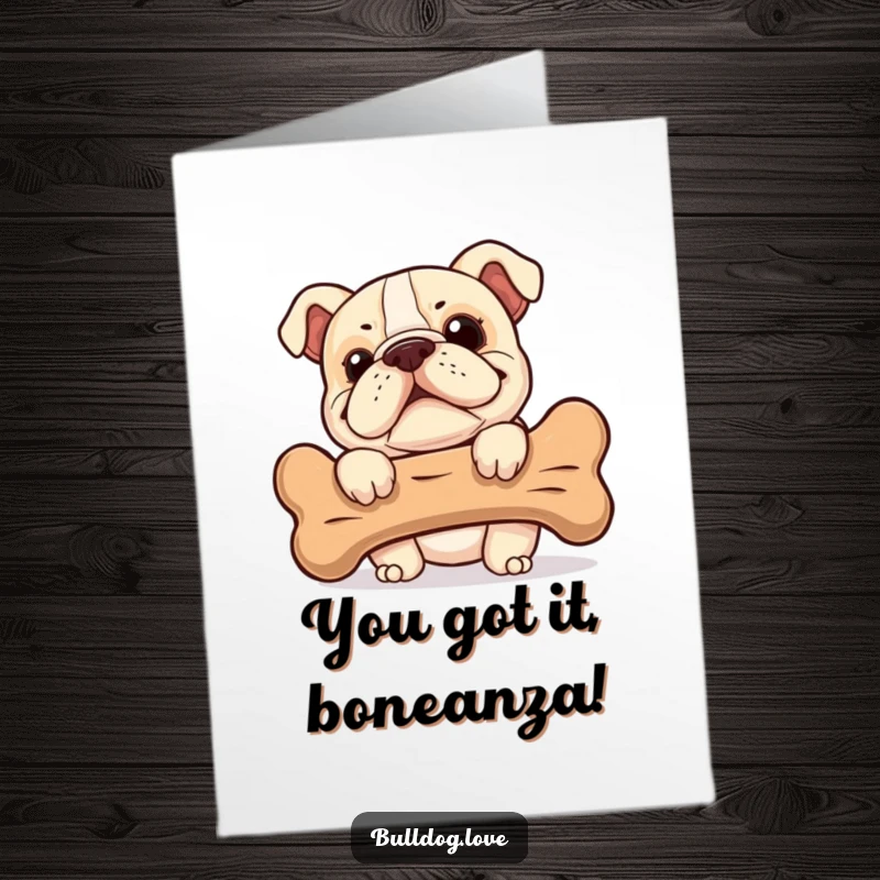 Funny Free Printable Bulldog Congratulations Card, a cheeky bulldog peeking from behind a bone, celebrating success humorously.
