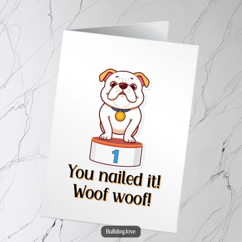 Funny Free Printable Congratulations Card: A proud bulldog stands on a podium, wearing a medal, celebrating a win.
