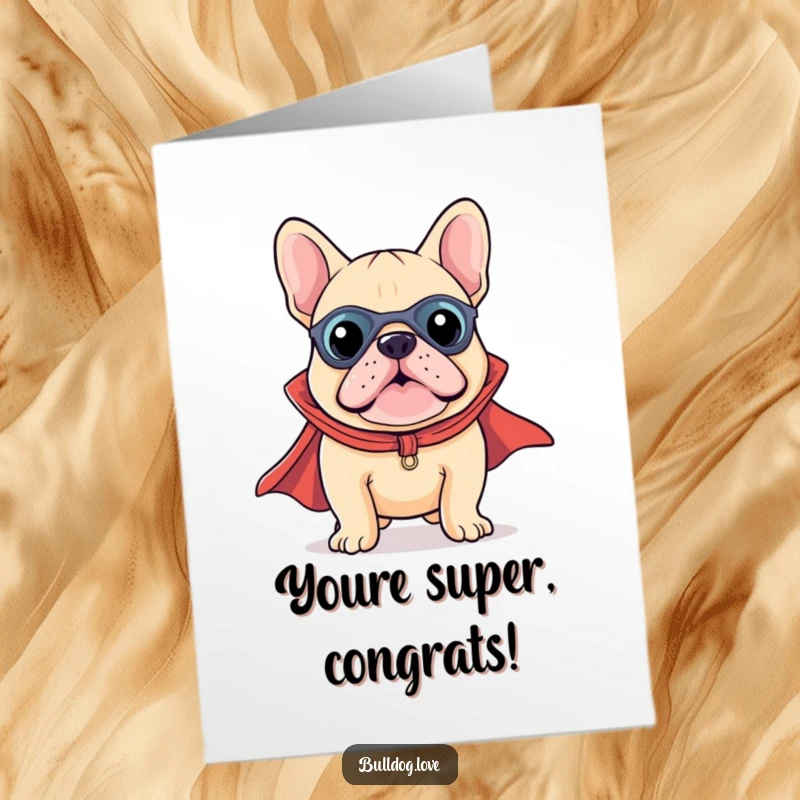 Funny Free Printable Congratulations Card: Kawaii bulldog superhero, cape flying, to celebrate your amazing success with a grin.