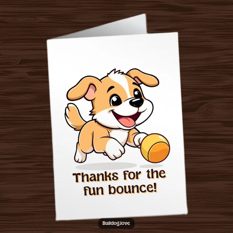 Funny Free Printable Thank You Card: An energetic dog with a grin plays enthusiastically with a bouncy toy.