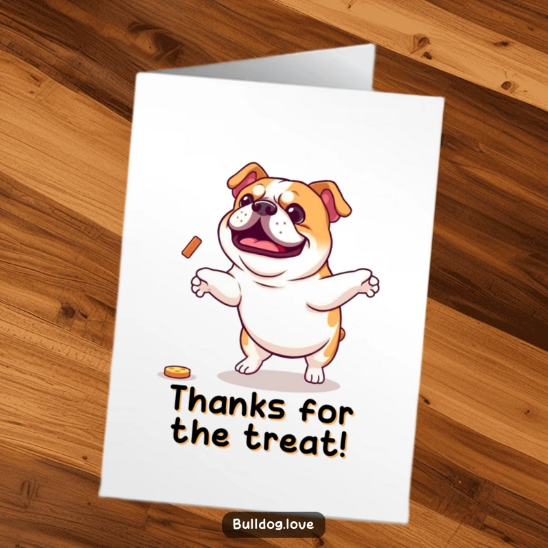 Funny Free Printable Thank You Card: Bulldog jumping enthusiastically, showing pure gratitude. A delightful surprise!