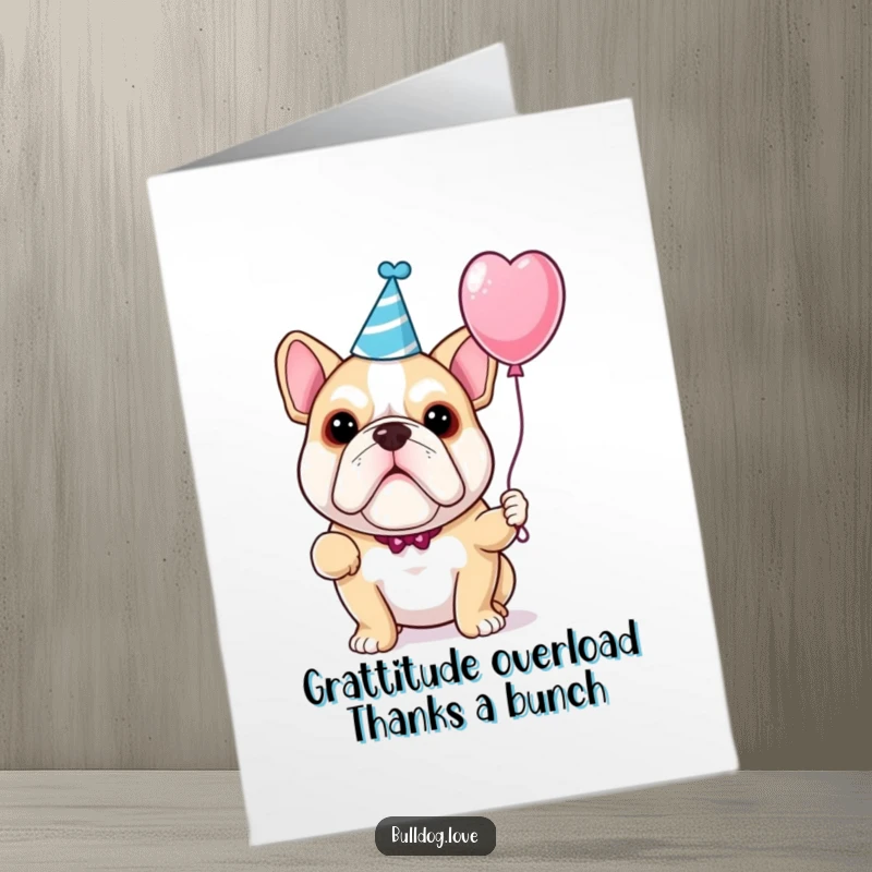 Funny Free Printable Thank You Card: A bulldog in a party hat offers a balloon as a thank you gesture, cute and cheerful.