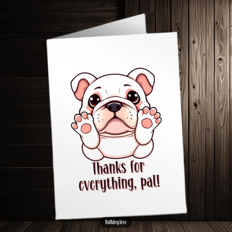 Funny Free Printable Thank You Card: Kawaii bulldog with paws up, looking adorable and asking for a belly rub thanks.
