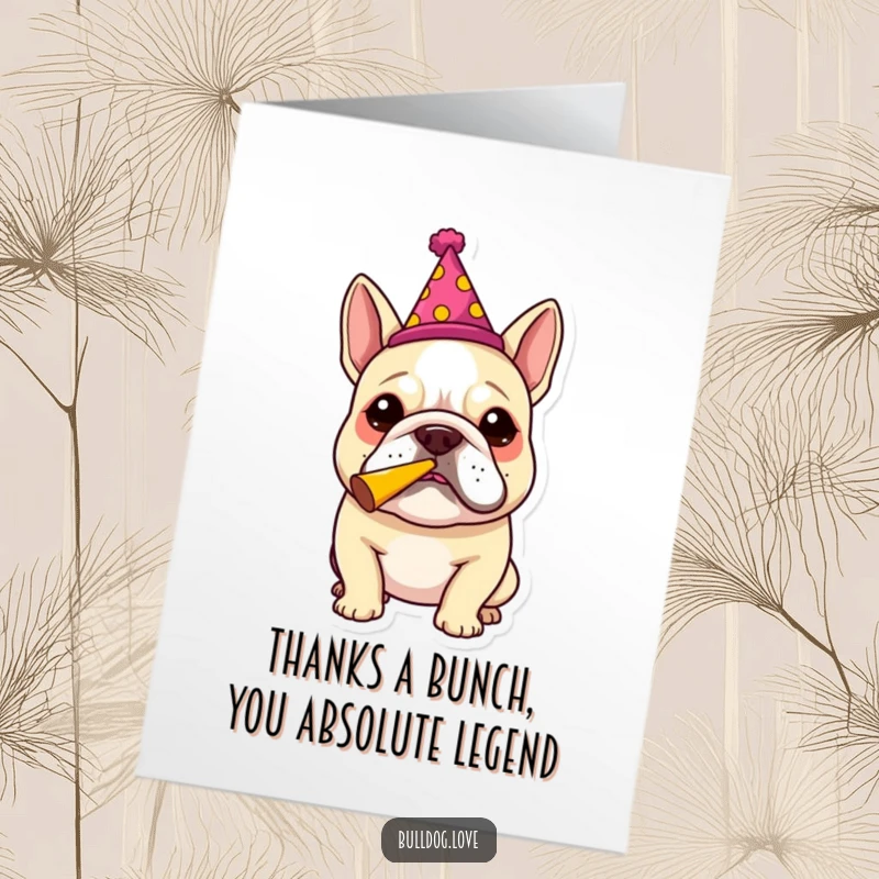 Funny Free Printable Thank You Card: A bulldog wearing a party hat blows a horn, offering a spirited thank you.