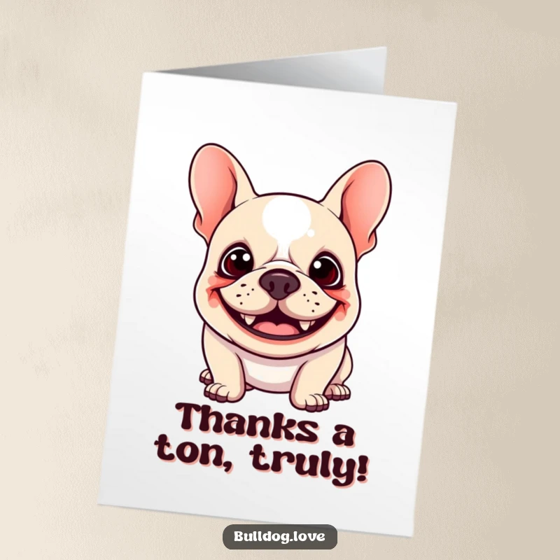 Funny Free Printable Thank You Card: Kawaii bulldog with a goofy grin and floppy ears bouncing with gratitude.
