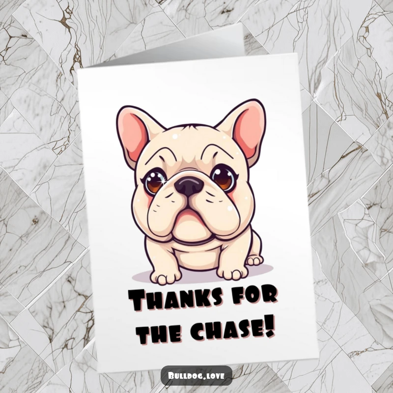 Funny Free Printable Thank You Card: Adorable bulldog with intense, sparkling eyes fixated on a vibrant laser dot, expressing thanks.