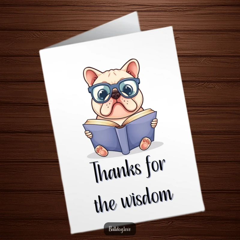 Funny Free Printable Thank You Card of a bulldog wearing oversized glasses, reading a book and conveying gratitude.