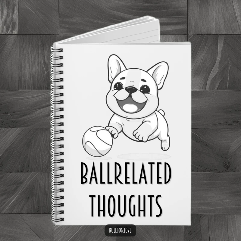 Funny Kawaii bulldog notebook with a dog playfully chasing a bouncing ball, ideal for jotting down notes with enthusiasm.