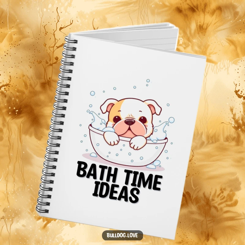 Funny bulldog notebook cover, splashing in a bubbly bath, looking joyful and clean, great for writing.