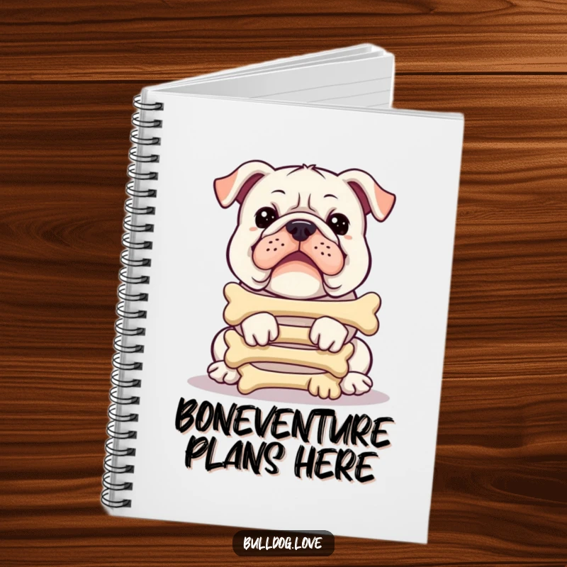Funny bulldog notebook cover, balancing a comical stack of bones, looking determined, great for jotting down notes.