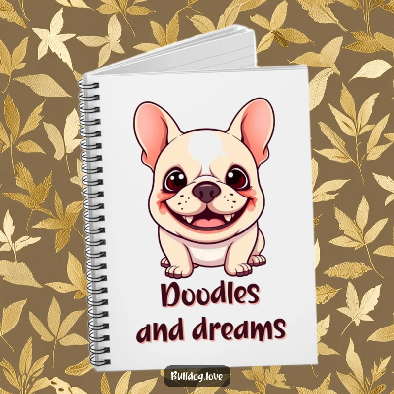 Funny Kawaii Bulldog Notebook featuring a happy dog with a goofy grin and floppy ears bouncing, perfect for jotting notes with a humorous twist.
