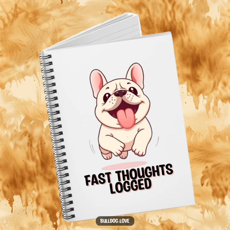 Funny Kawaii Bulldog Notebook featuring an energetic dog running with its tongue out, ideal for jotting down thoughts with a humorous flair.