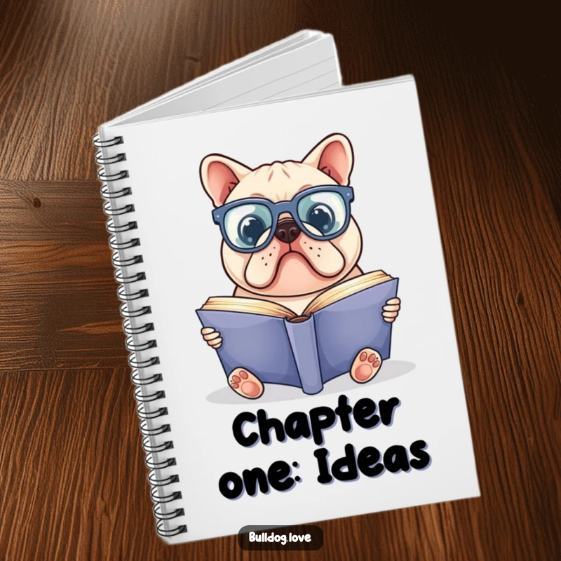 Funny bulldog notebook showing a bulldog in oversized glasses reading a large book, ideal for jotting down notes with scholarly flair.