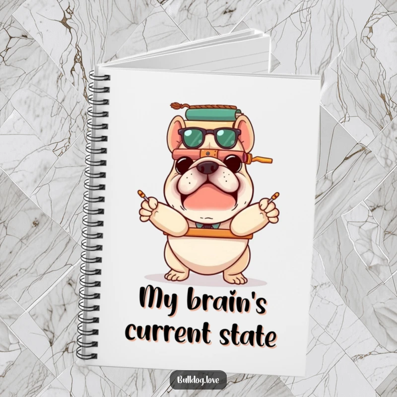 Funny bulldog balancing stacked items, on a notebook cover, ideal for jotting down organized (or unorganized) thoughts.