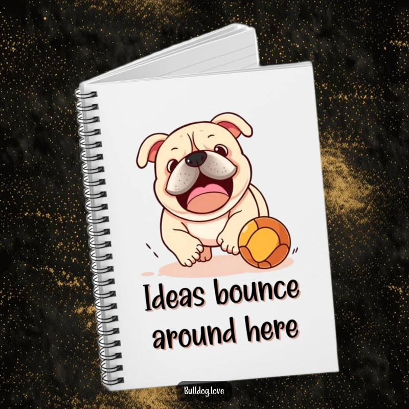 Funny bulldog chasing a bouncing ball, on a notebook cover, ideal for jotting down playful ideas and daily plans.
