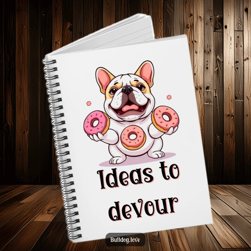 Funny notebook cover featuring a bulldog with focused delight, skillfully juggling three colorful donuts during a brainstorming session.