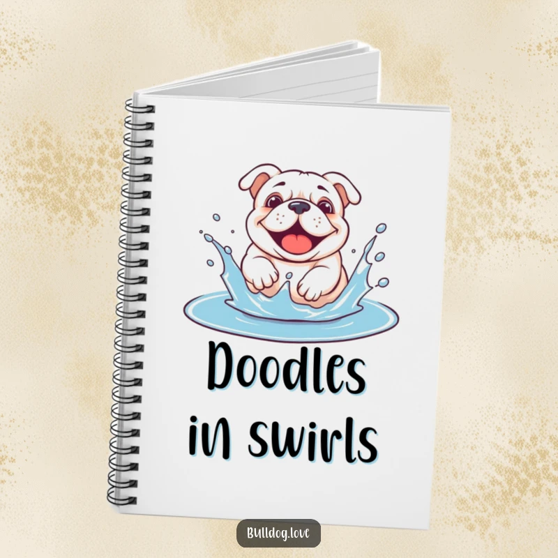 Funny bulldog puddle notebook cover featuring a dog joyfully splashing with abandon in a puddle.