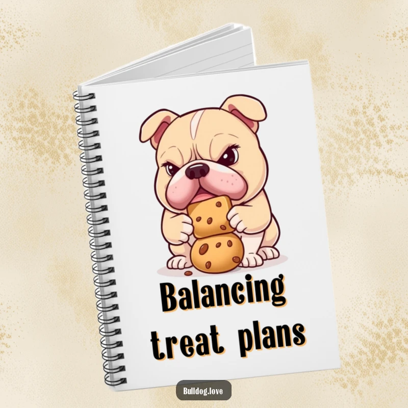 Funny bulldog notebook cover showing a determined dog intently balancing a treat, perfect for capturing focused ideas.