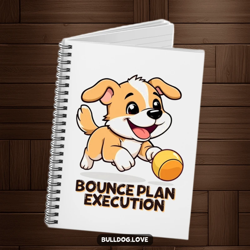 Funny Energetic Dog Notebook: Energetic dog with a determined grin chasing a bouncy toy on a comical cover.