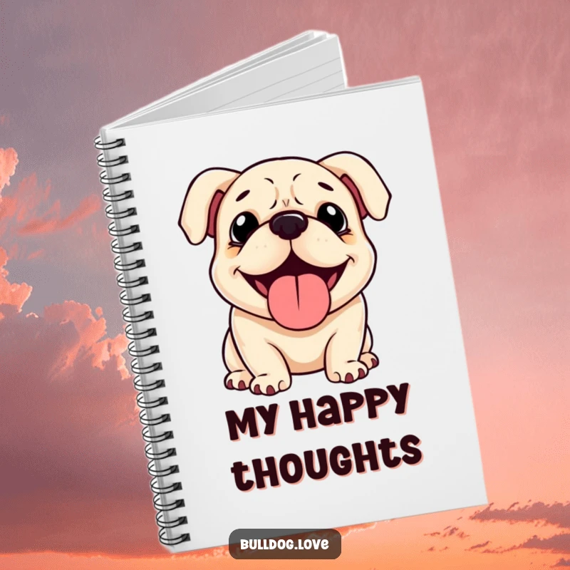 Funny Bulldog Notebook: Features a happy bulldog with floppy ears, panting contentedly on its cover. Ideal funny gift.