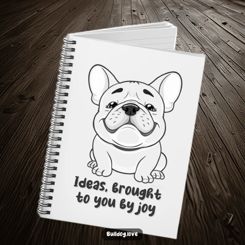 Funny Kawaii bulldog notebook with a goofy grin and floppy ears bouncing, ideal for jotting down notes with a touch of canine cheer.