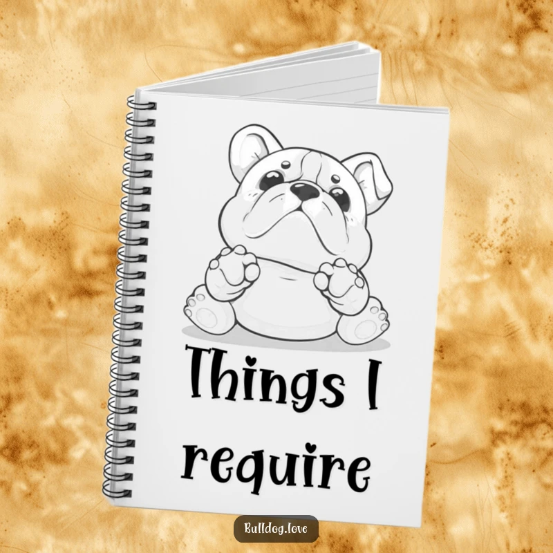 Funny Kawaii bulldog notebook with paws up, adorably asking for a belly rub, ideal for jotting down sweet notes.