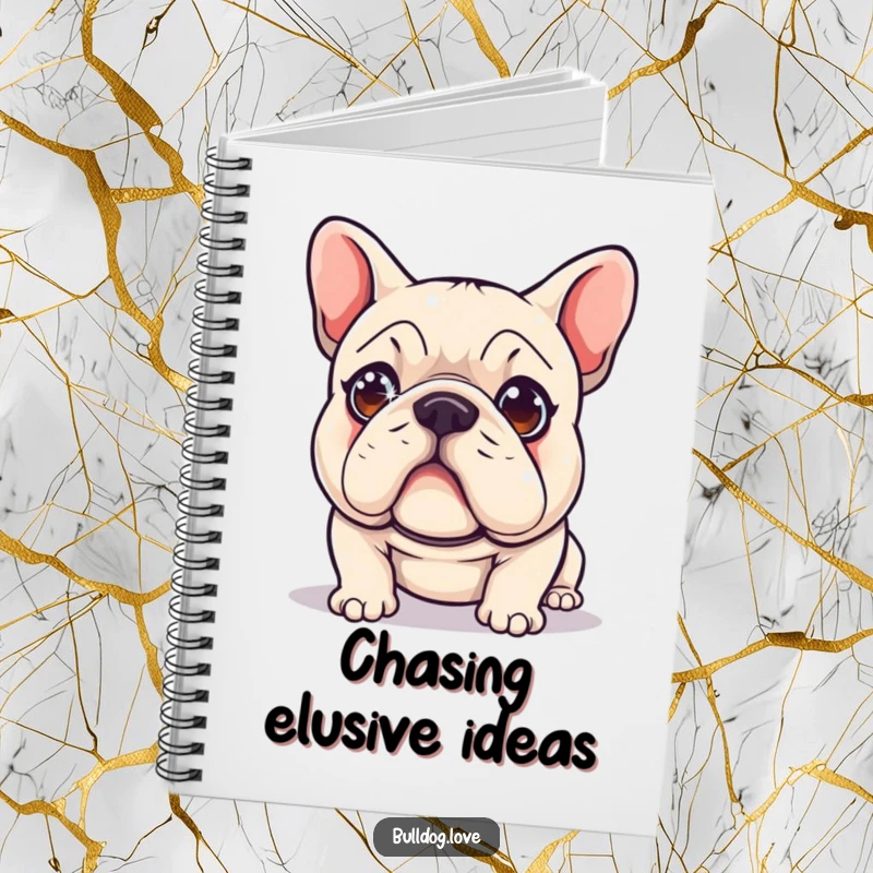Funny Notebook cover: A cute bulldog with sparkling eyes is depicted hilariously chasing a tiny red laser dot, a symbol of focus.