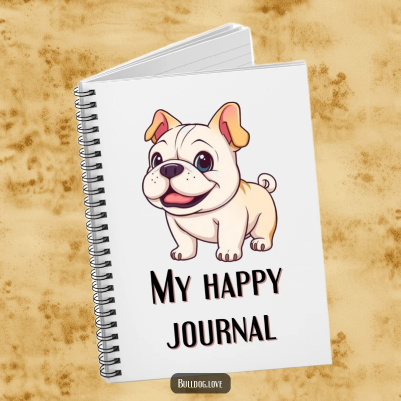 Funny happy bulldog notebook, lined pages, showcasing a dog with bright eyes and an enthusiastic tail wag.