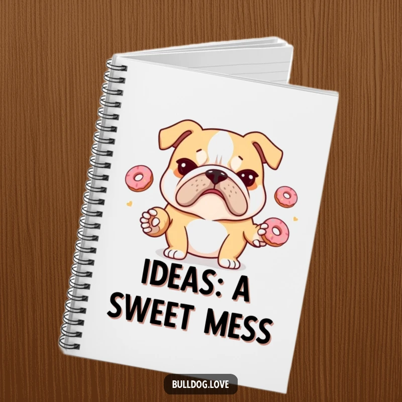 Funny bulldog notebook showing a stressed bulldog with a furrowed brow juggling donuts, ideal for jotting down chaotic thoughts.