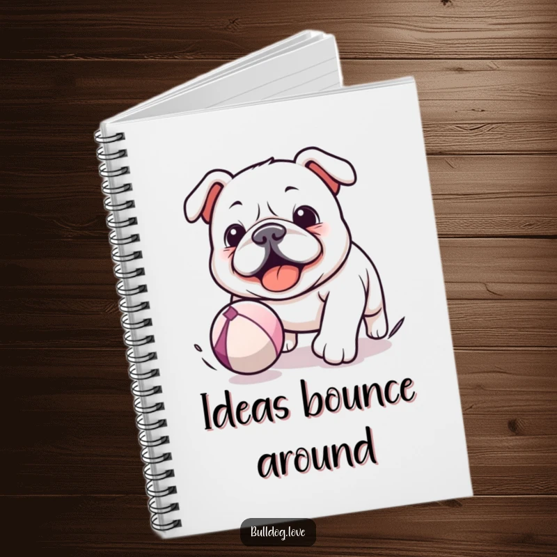 Funny Kawaii Bulldog Notebook featuring a dog chasing a bouncing ball, perfect for journaling with a sense of playful joy.