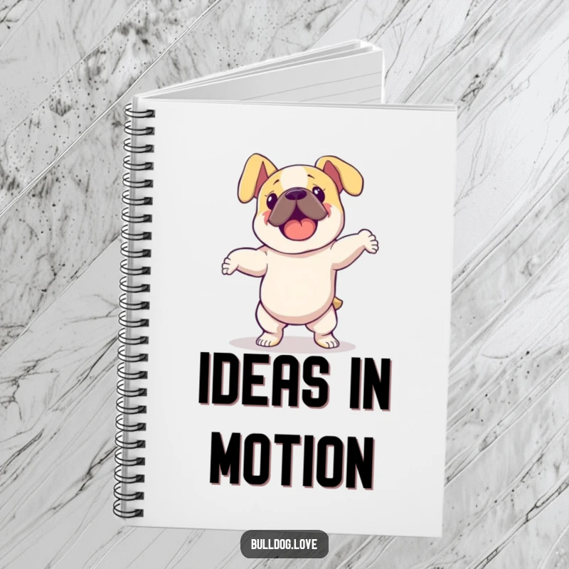 Funny bulldog with floppy ears dancing energetically, on a notebook cover, ideal for jotting down creative ideas and dance routines.