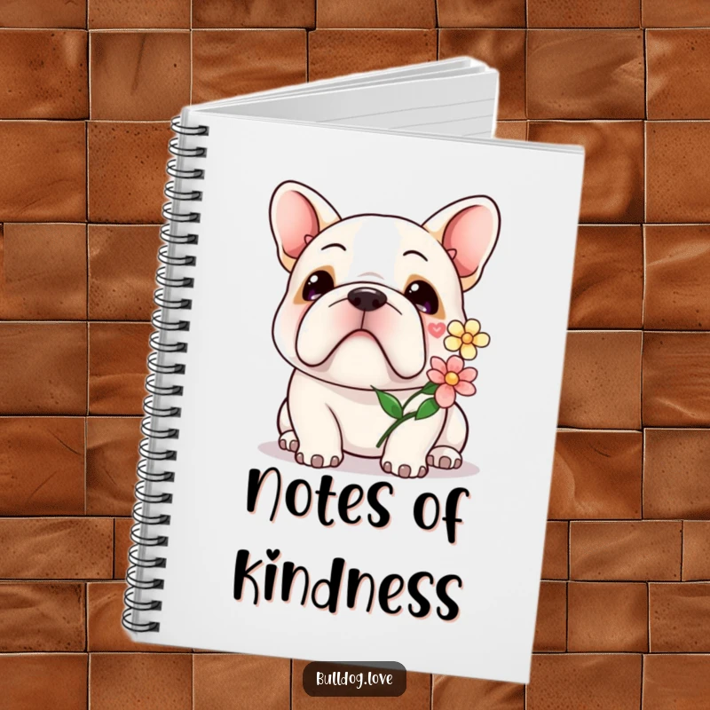Kawaii bulldog flower notebook cover featuring a cute dog with a gentle smile, offering a flower.