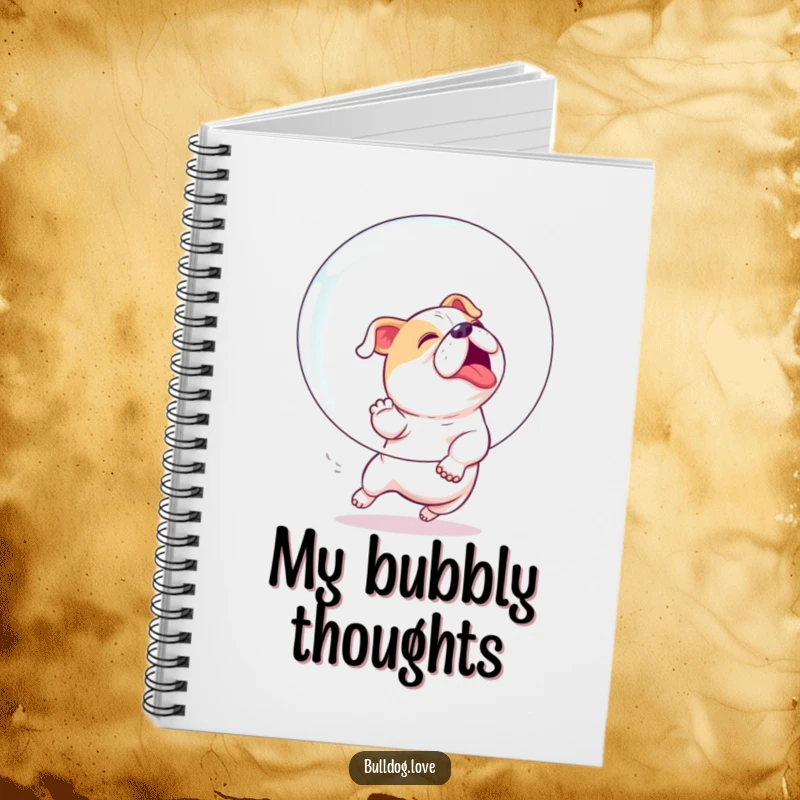 Funny notebook cover with a bulldog eagerly and playfully chasing a giant bubble with infectious enthusiasm.