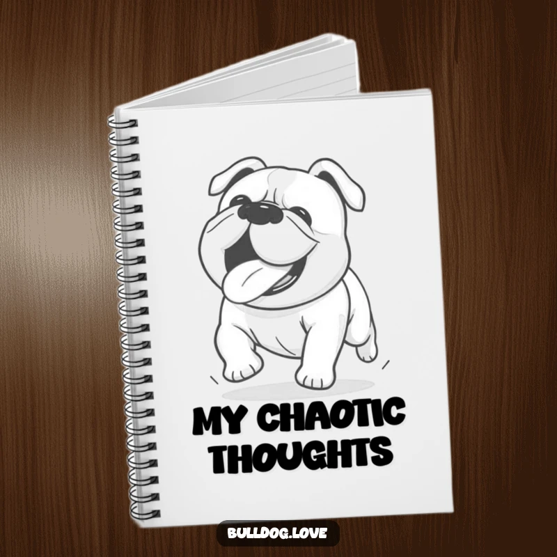 Funny Kawaii bulldog notebook depicting a dog running with its tongue out, ideal for capturing notes with high energy.