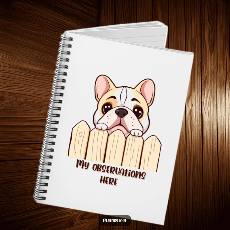 Funny bulldog peeking notebook cover featuring a dog peeking over a fence with curious eyes.