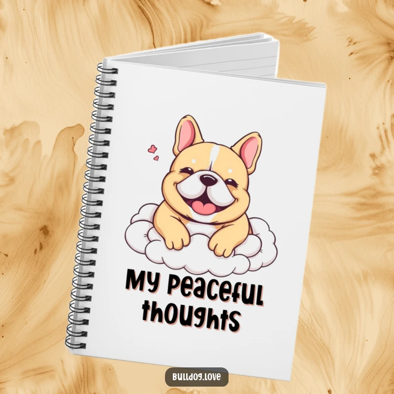 Funny Notebook cover: A content bulldog is shown nestled in soft clouds, exhaling a happy, peaceful sigh.