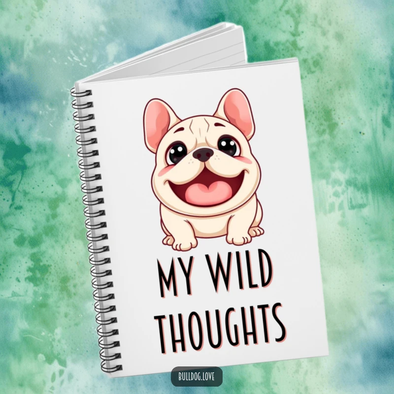 Funny notebook with a surprised bulldog's wide eyes and happy woof, designed for jotting down thoughts with humorous delight.
